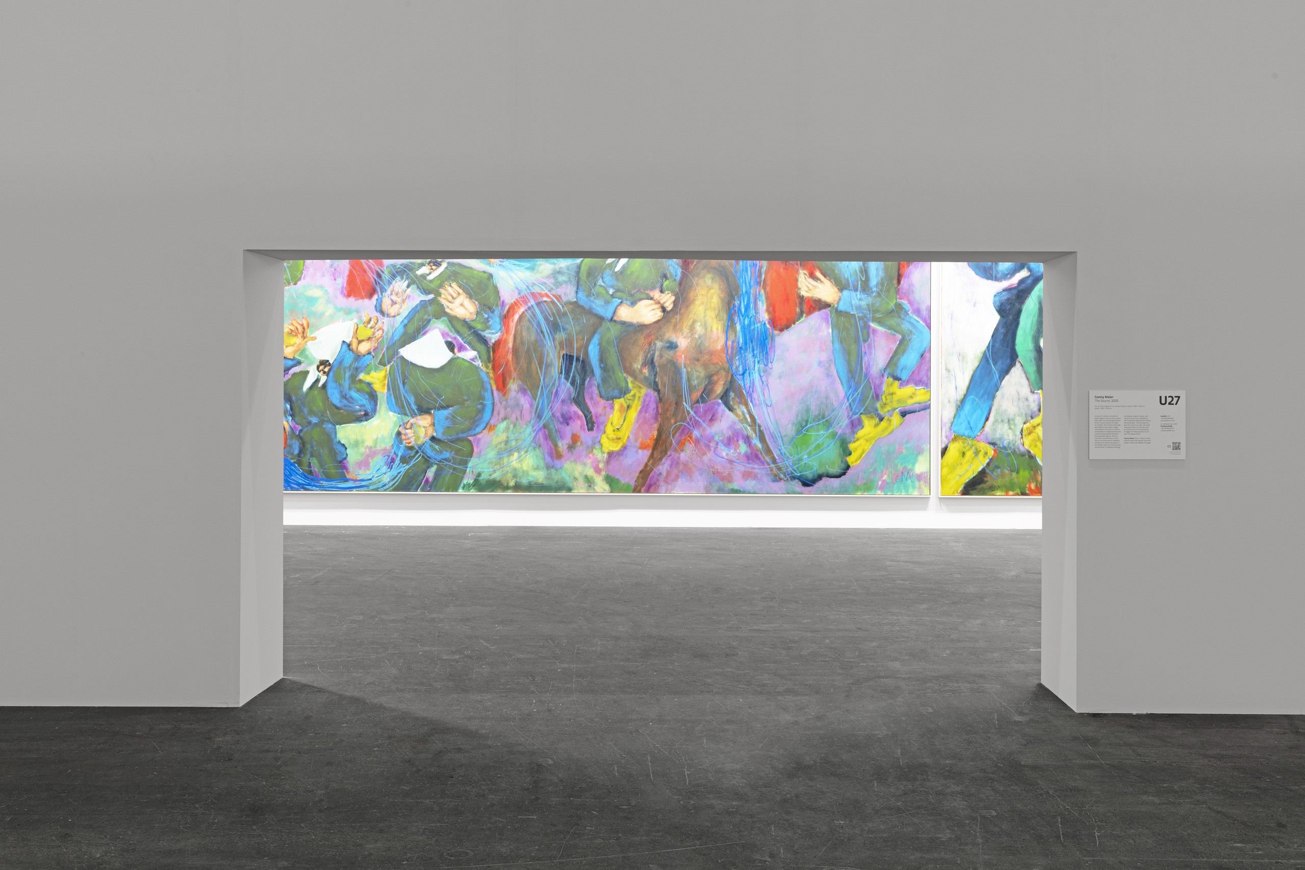 Installation view, Art Basel Unlimited 2023, curated by Giovanni CarmineConny MaierThe Source, 2023Oil, oil stick, pigments on canvasPanel 1: (300 x 700 cm // 118 x 275 1/2 in)Panel 2: (300 x 200 cm // 118 x 78 1/2 in)