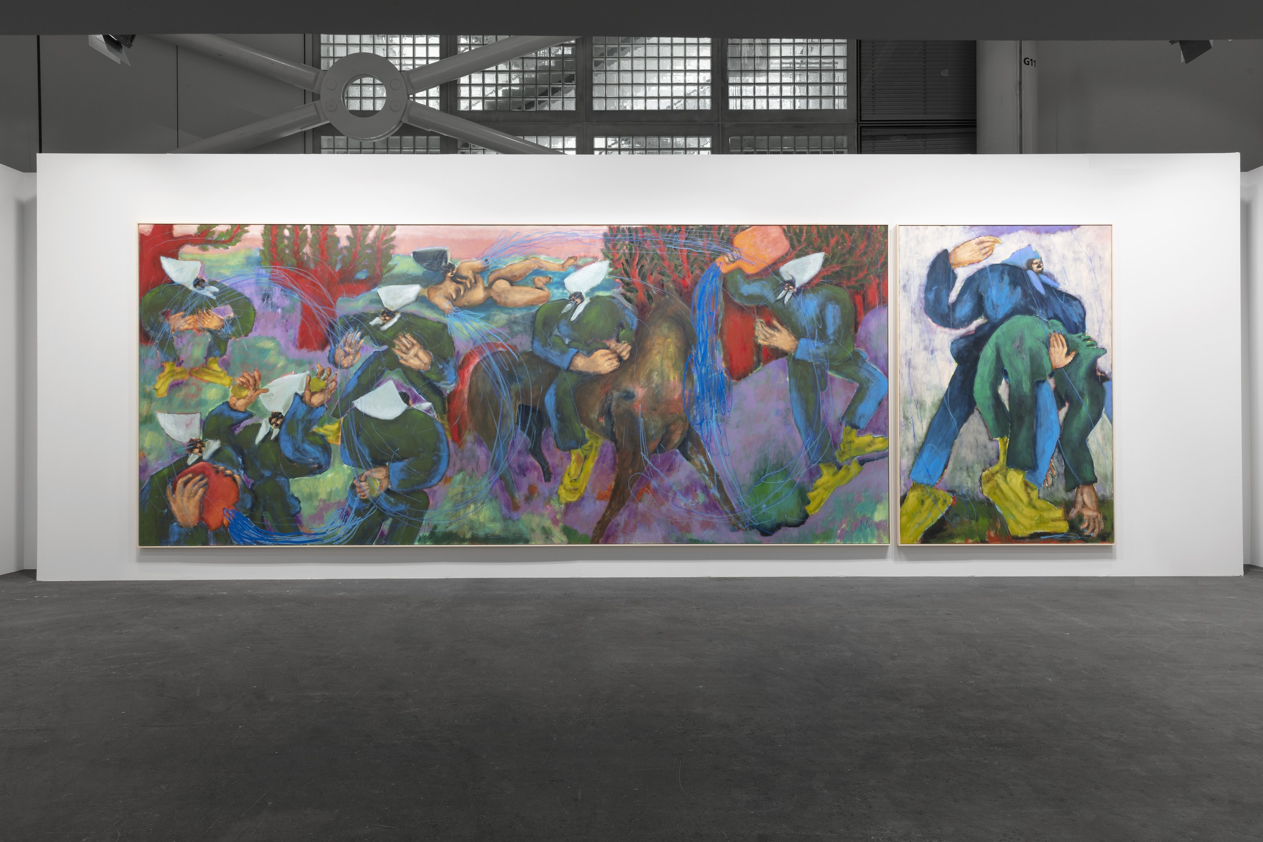 Installation view, Art Basel Unlimited 2023, curated by Giovanni CarmineConny MaierThe Source, 2023Oil, oil stick, pigments on canvasPanel 1: (300 x 700 cm // 118 x 275 1/2 in)Panel 2: (300 x 200 cm // 118 x 78 1/2 in)