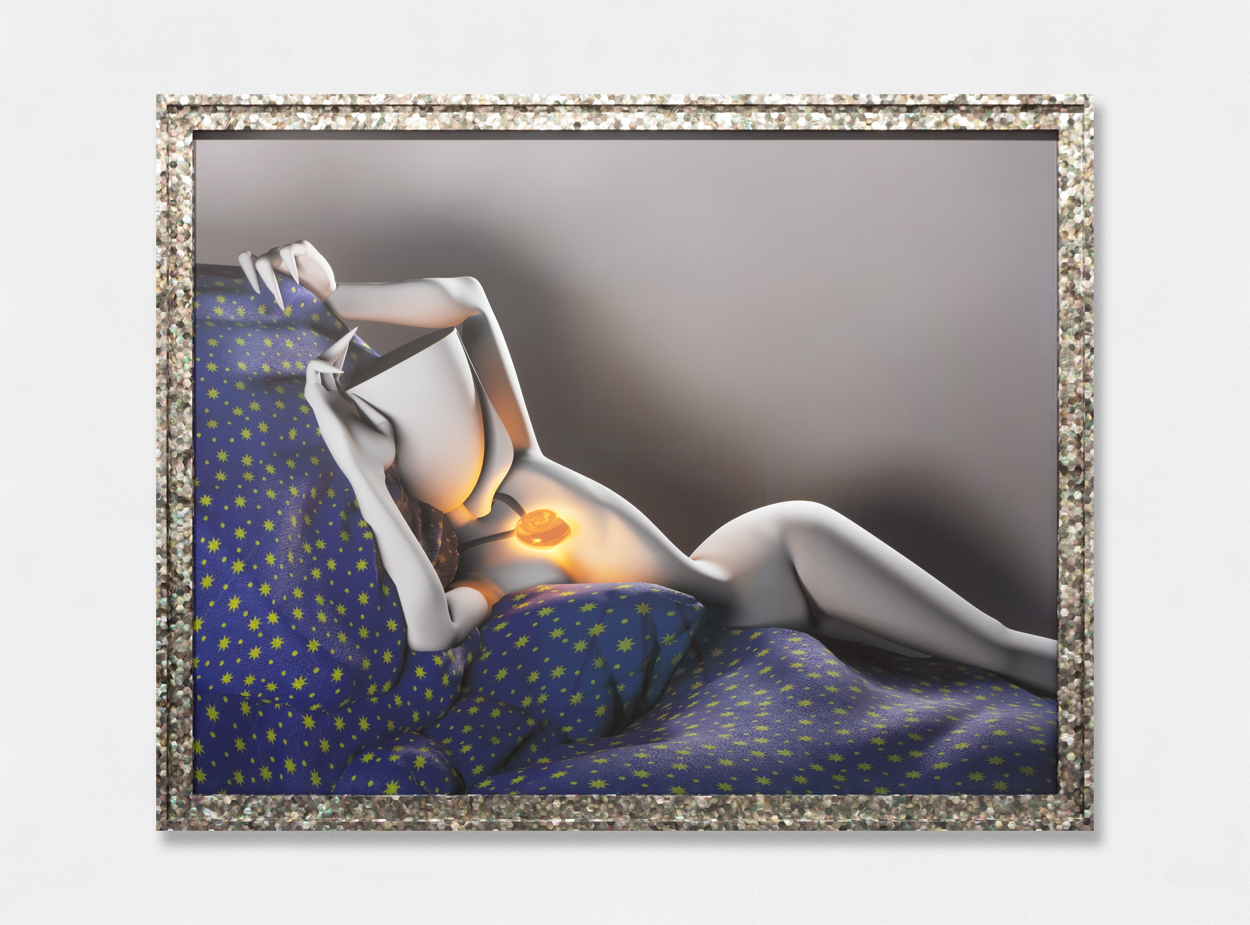 Bunny Rogers, TBT, 2021, Fine Art Print on Hahnemühle PhotoRag Ultrasmooth 305g, mother of pearl frame, 173.3 x 220.3 x 7.5 cm