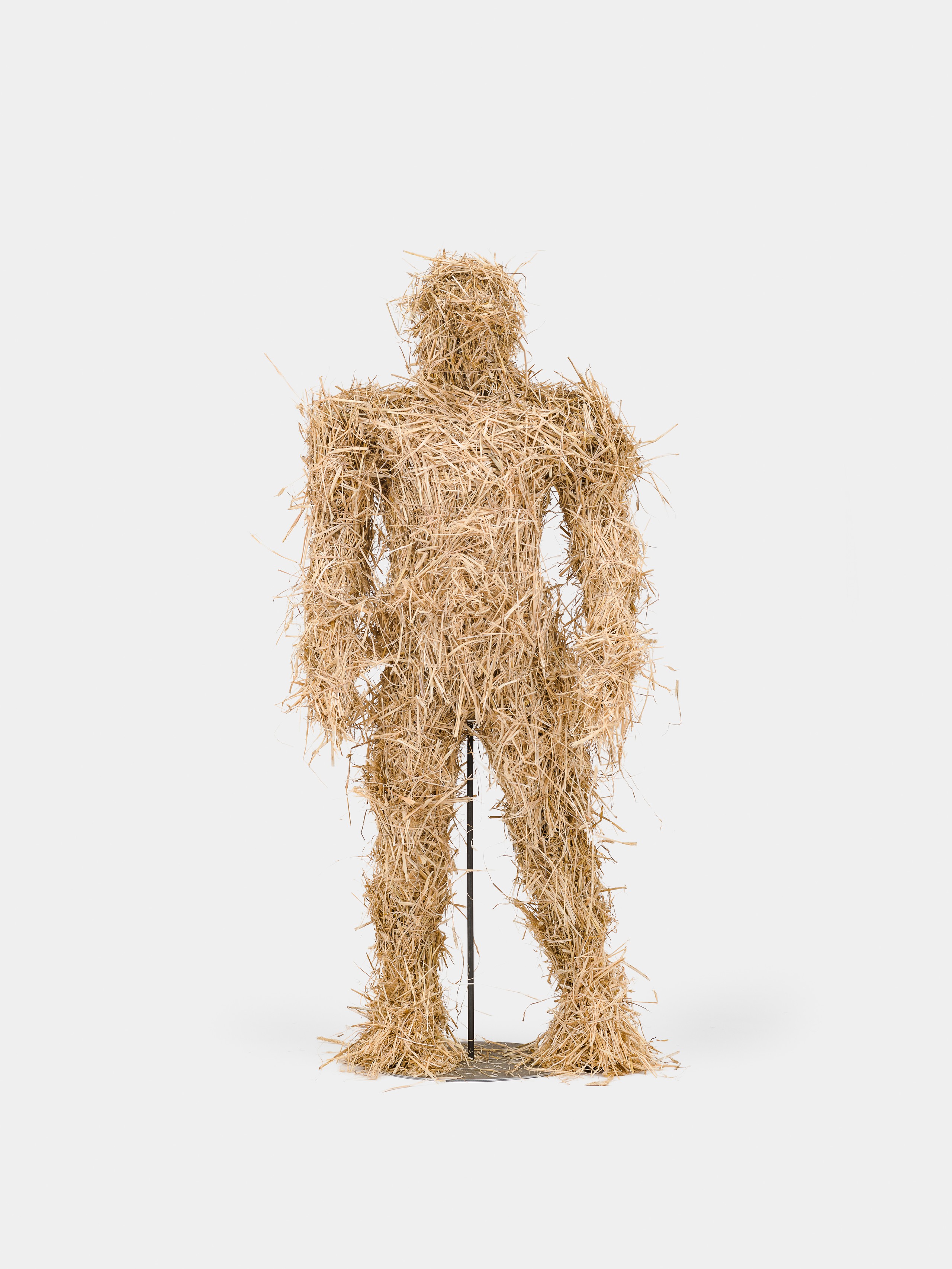 Kaspar Müller, Untitled, 2022, Straw, fiberglass, wood, steel 195 × 90 × 65 cm, 77 × 35 1/2 × 25 1/2 in