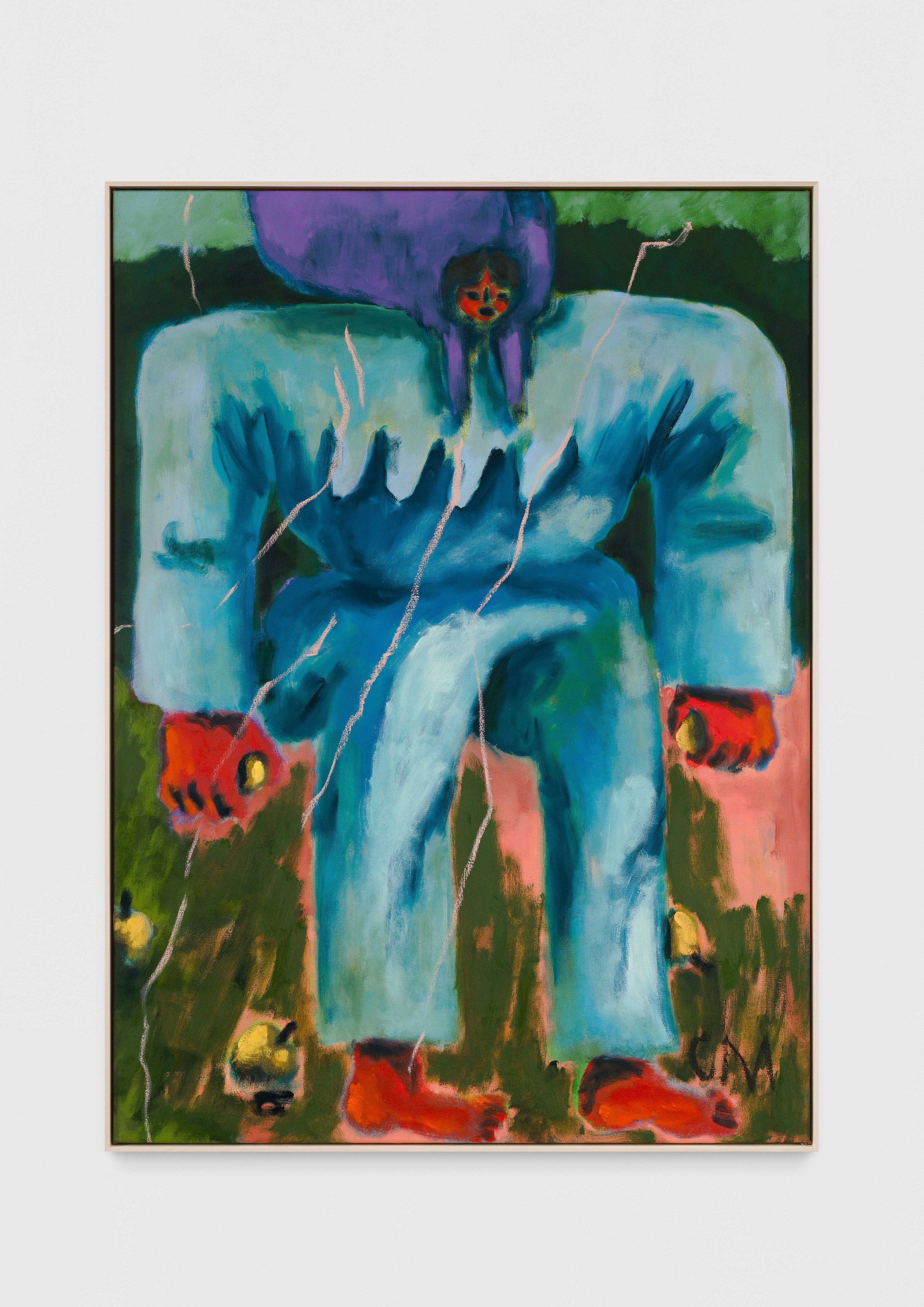 Conny MaierZorn 7 mit Apfel/ Apfelwickler, 2023Oil, oil stick, pigment on canvas150 x 110 cm59 x 43 1/2 in