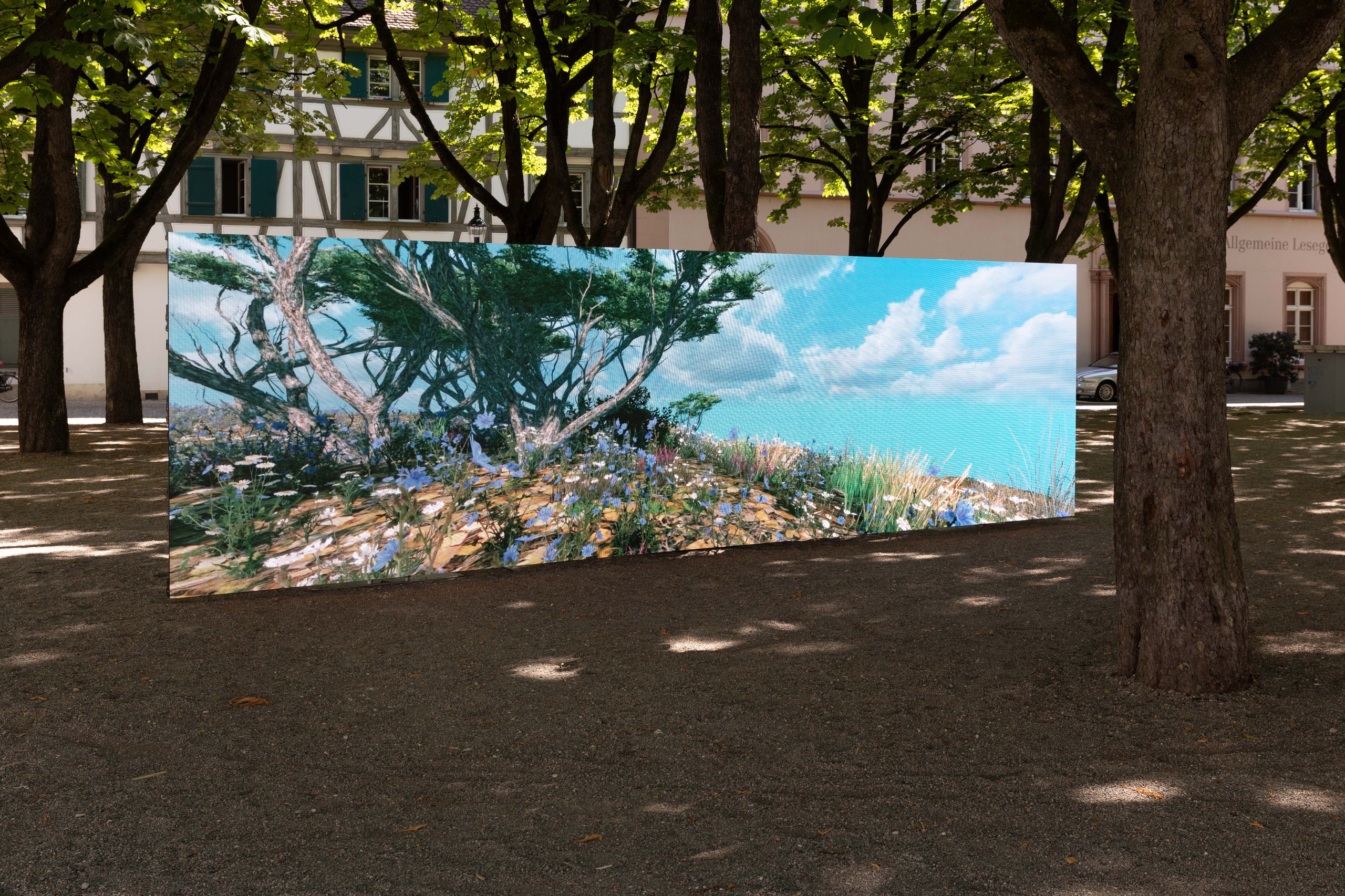 Installation view, Art Basel Parcours 2023, curated by Samuel LeuenbergerPetra Cortrightgreen hill green light esprit de corps, 2023Single channel videoDigital videoDuration: 17 min 31 sec