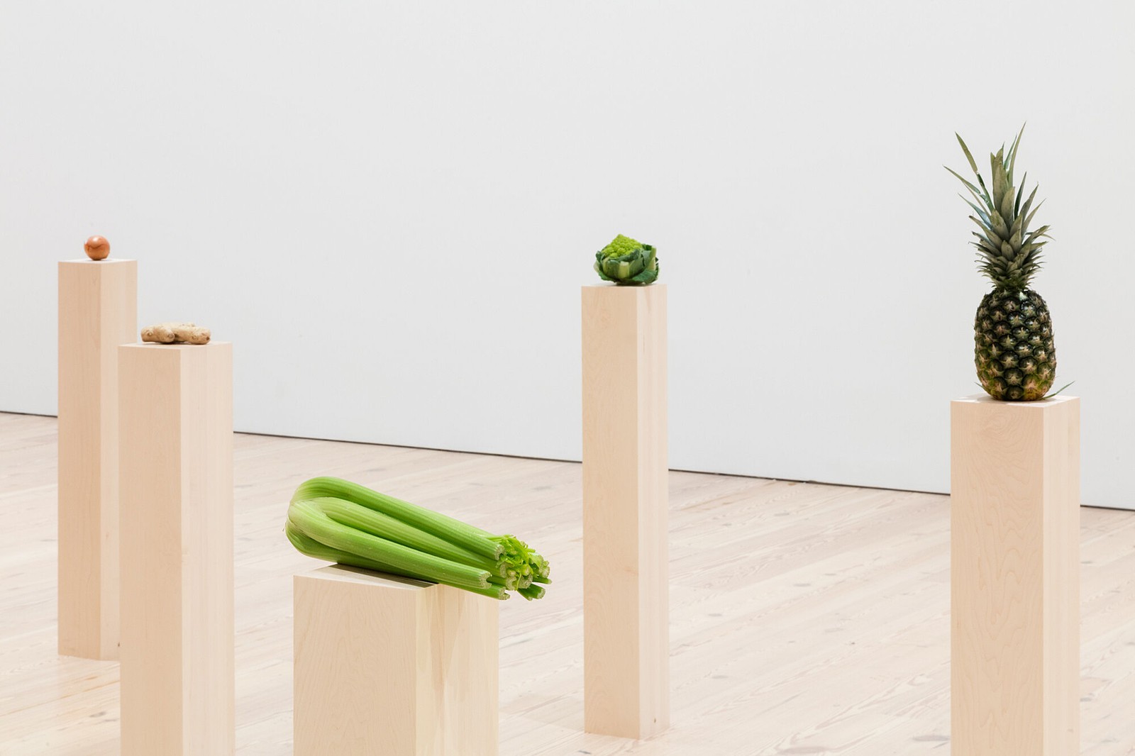 Installation view, fruits, vegetables; fruit and vegetable salad, Whitney Museum of American Art, New York, 2020